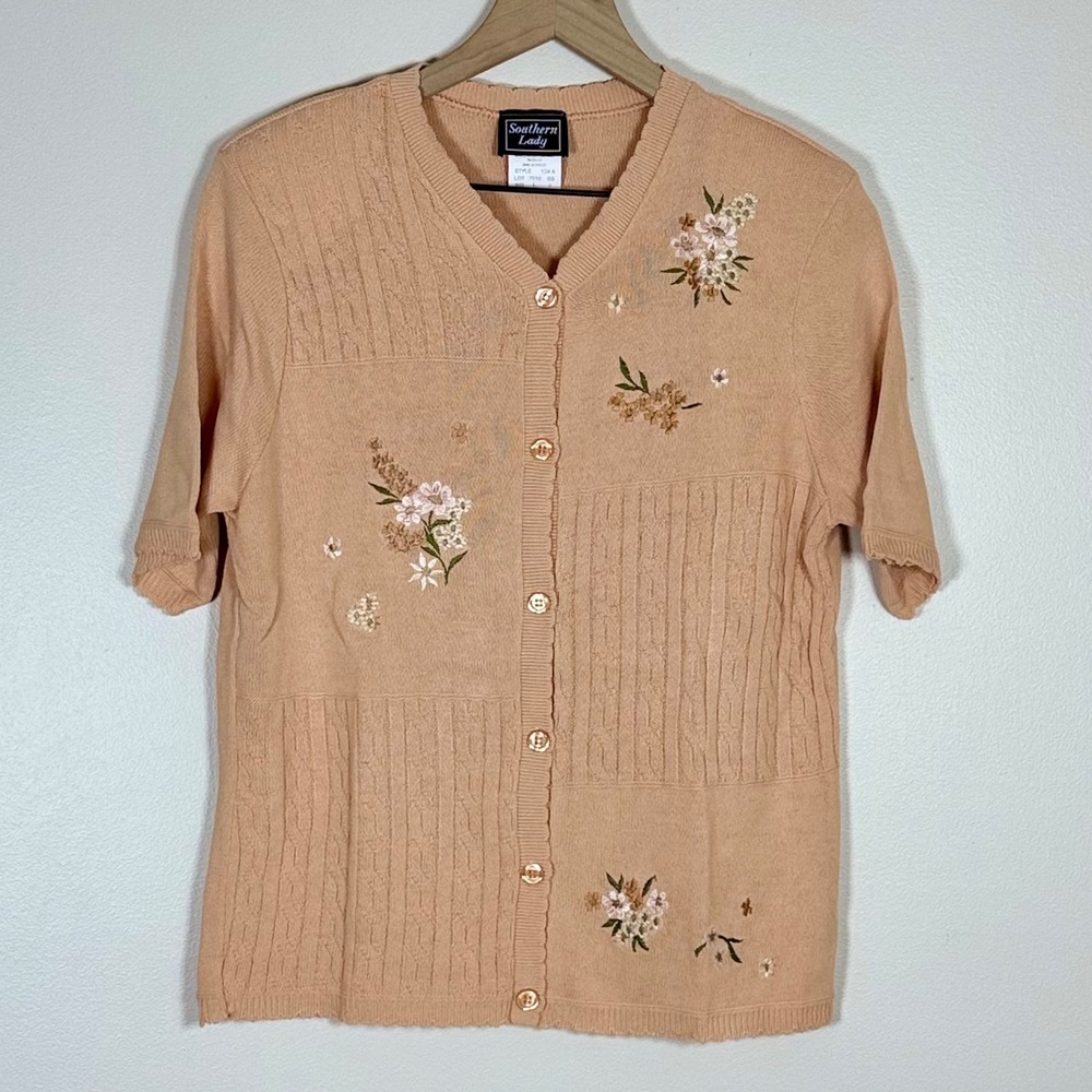 Vtg Southern Lady Floral Embroidered Cardigan L Peach Cottagecore Patchwork 90s